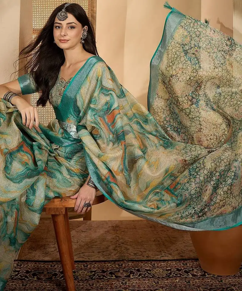Teal marble print linen zari saree with belt fancy digital print zari border festive wear saree