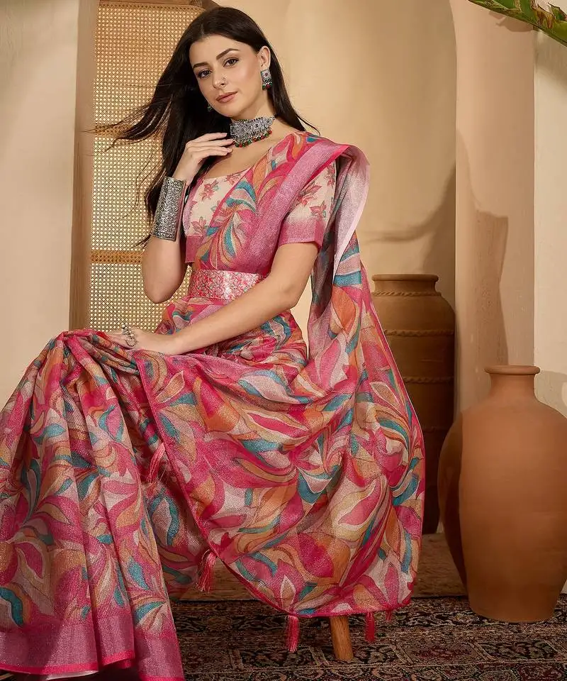 Pink linen silver zari saree with belt trendy digital printed saree for festivals & casual wear
