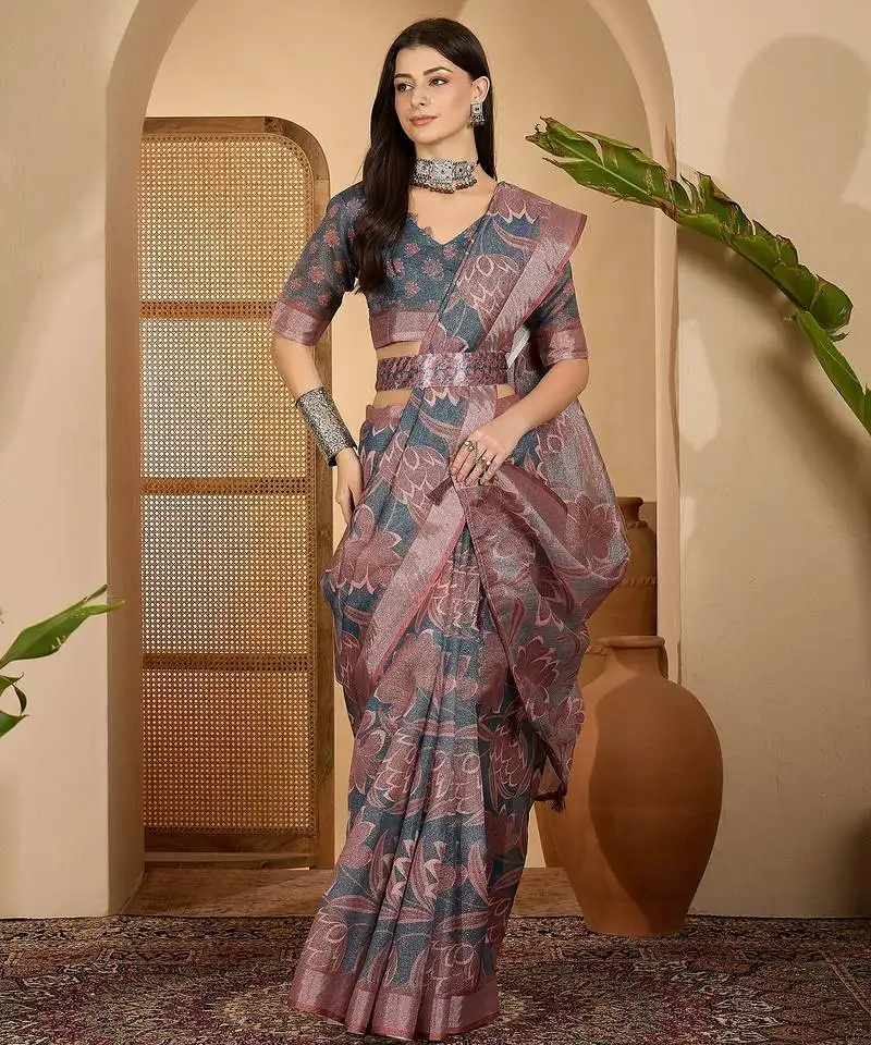 Elegant linen silver zari dark grey-pink floral digital printed saree with designer belt festive saree