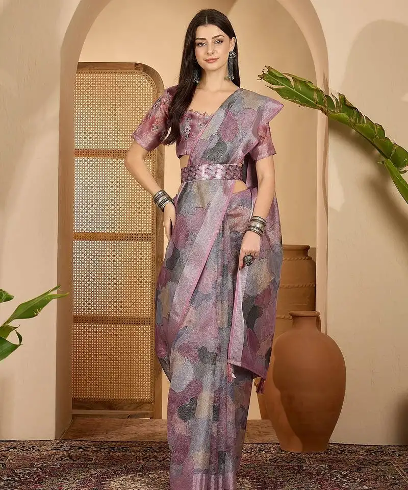 Trendy linen silver zari multi-color abstract digital print saree with belt party wear saree