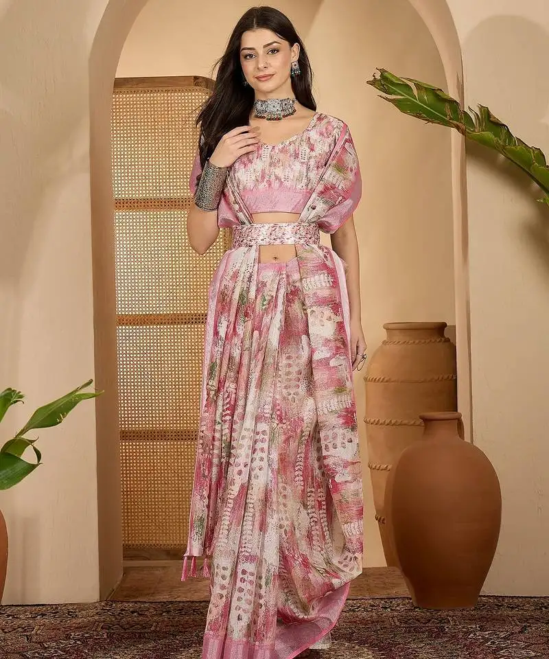 Pastel pink linen silver zari digital print saree with latkan tassel pallu & belt