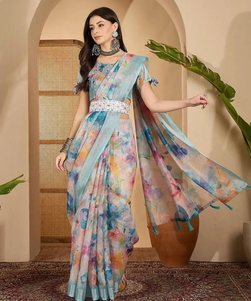 Linen silver zari multi-color digital print saree with latkan pallu & designer belt