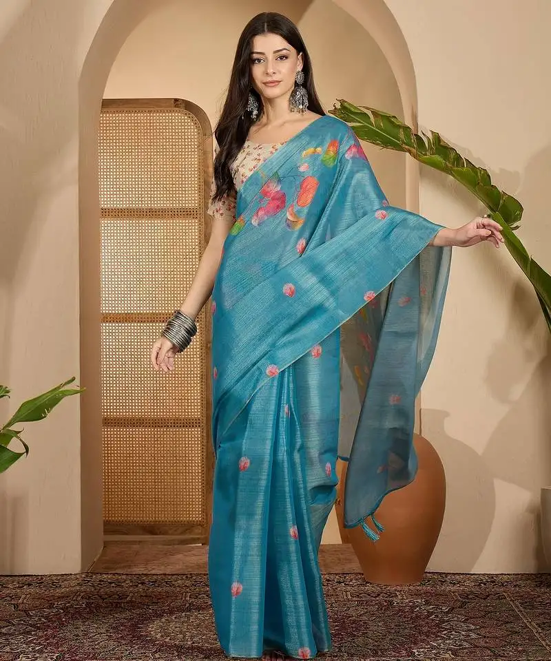 Teal blue eroad art silk saree with digital floral print soft lightweight ethnic festive saree