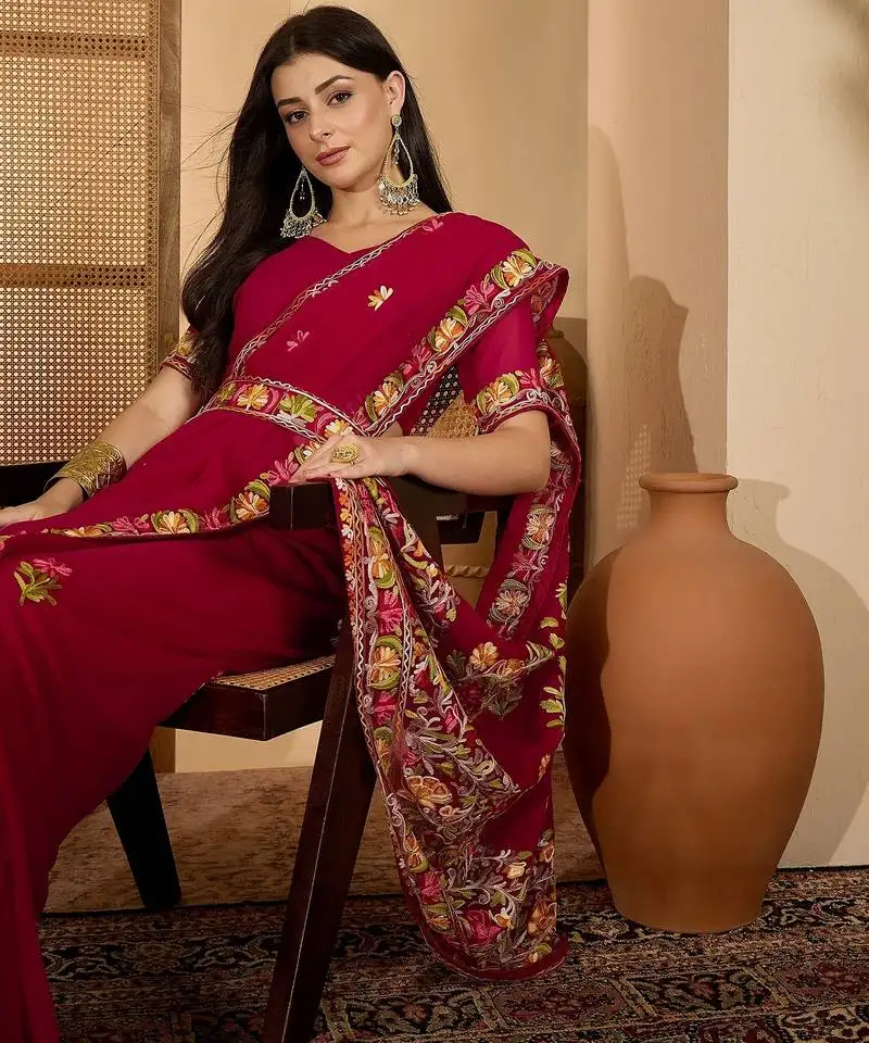 Wine red georgette embroidered saree with floral border elegant festive wear designer saree