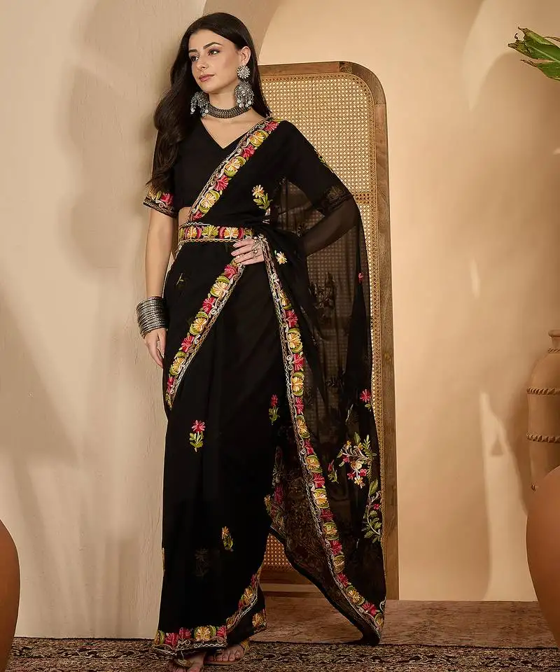 Black georgette embroidered saree with belt kashmiri thread work festive wear designer saree