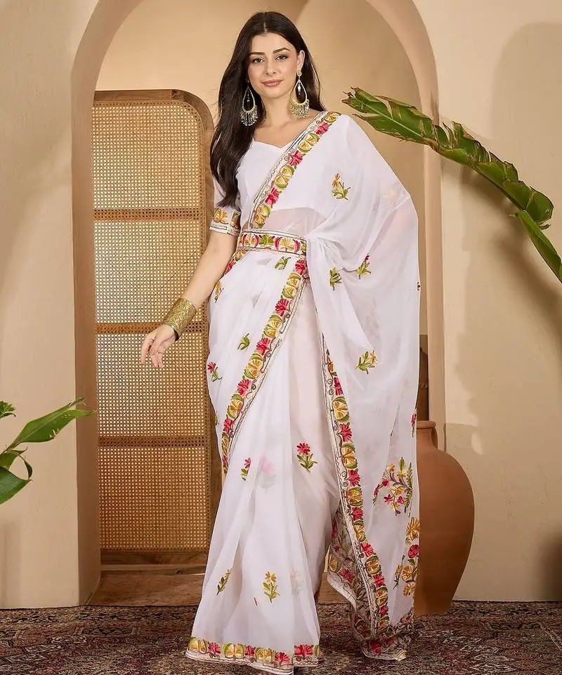 White georgette embroidered saree with belt kashmiri thread work designer festive wear saree