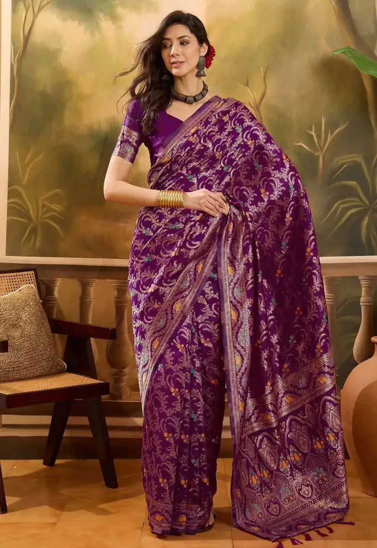 Purple banarasi jacquard saree with rich zari weaving & tassel pallu unstitched blouse included