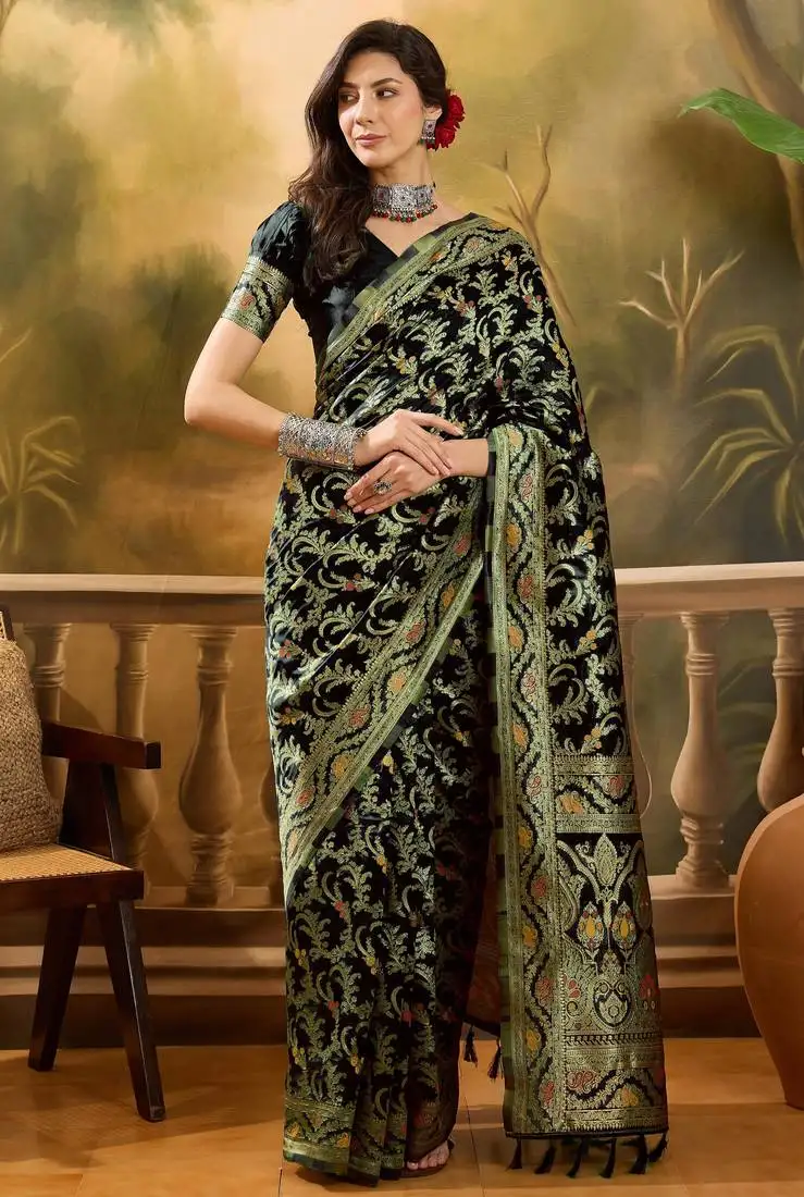 Black banarasi jacquard saree with rich zari weaving & tassel pallu includes unstitched blouse