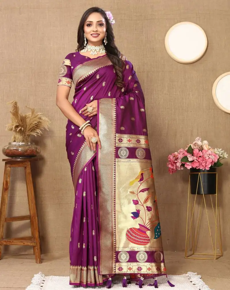 Wine color paithani silk woven meenakari jacquard designer traditional rich ethnic saree