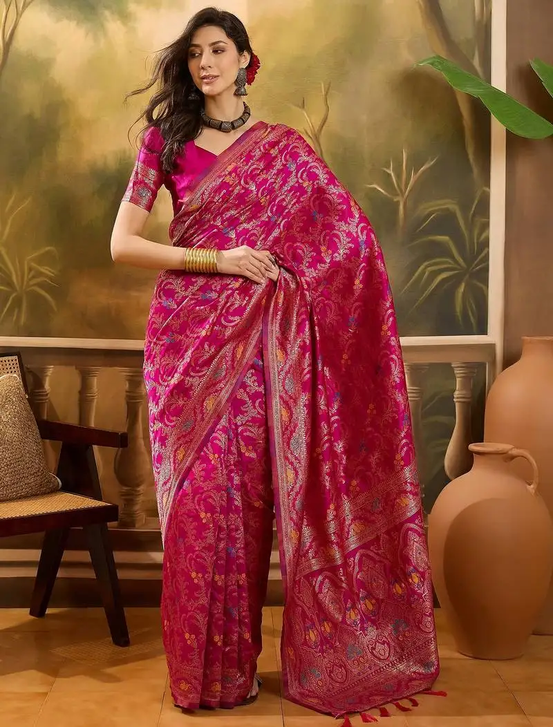 Pink banarasi jacquard saree with rich zari weaving & tassel pallu includes unstitched blouse