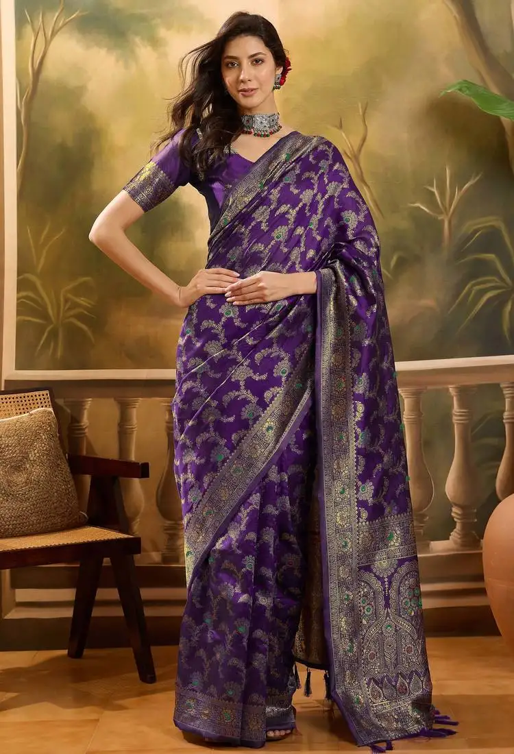 Purple banarasi jacquard saree with zari weaving & tassel pallu unstitched blouse piece