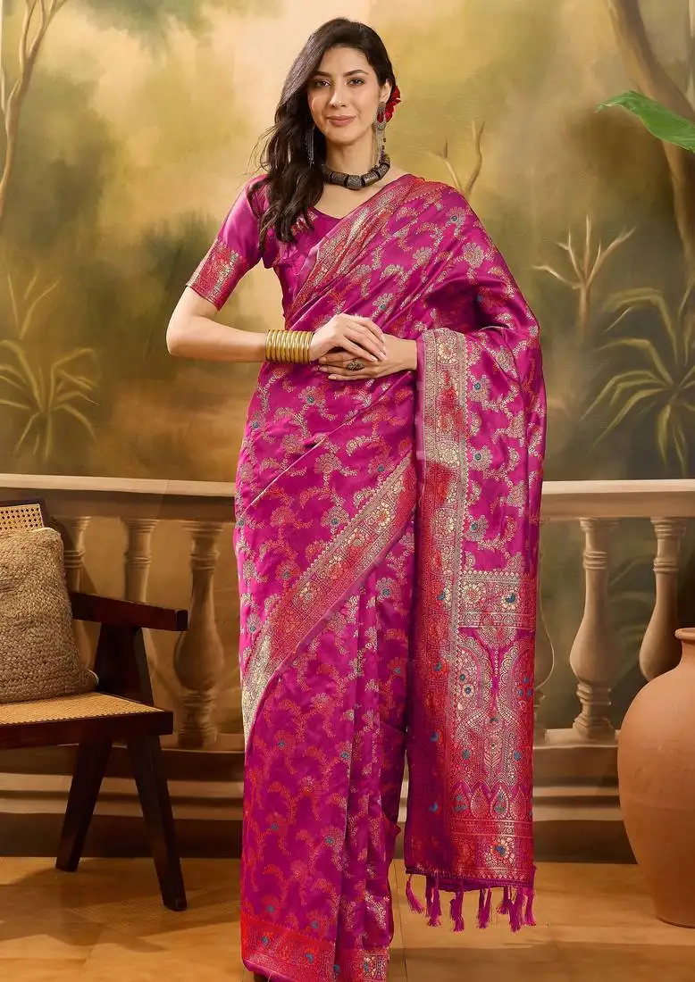 Pink banarasi jacquard saree with rich zari weaving & tassel pallu unstitched blouse piece