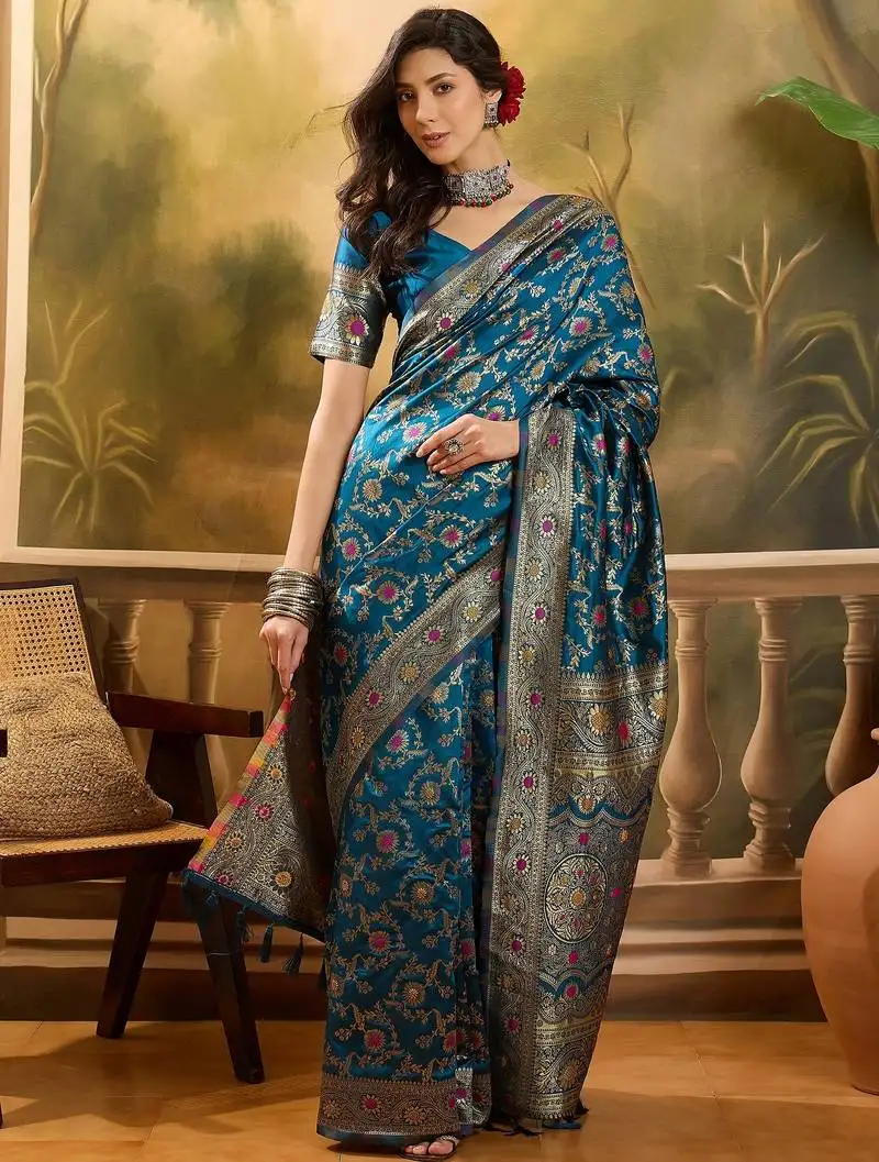 Teal blue banarasi jacquard saree with golden zari weaving & tassel pallu unstitched blouse