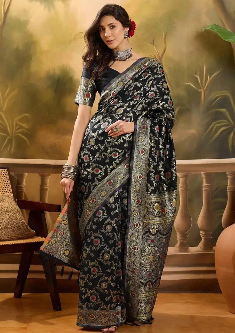 Black banarasi jacquard saree with golden zari weaving & tassel pallu unstitched blouse