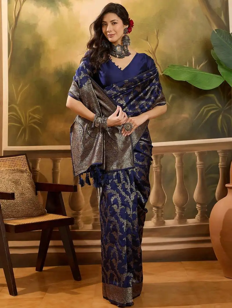 Navy blue banarasi jacquard saree with golden zari weaving & tassel pallu unstitched blouse