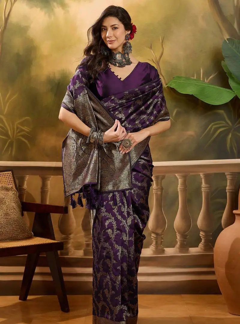 Purple banarasi jacquard saree with golden zari weaving & tassel pallu unstitched blouse