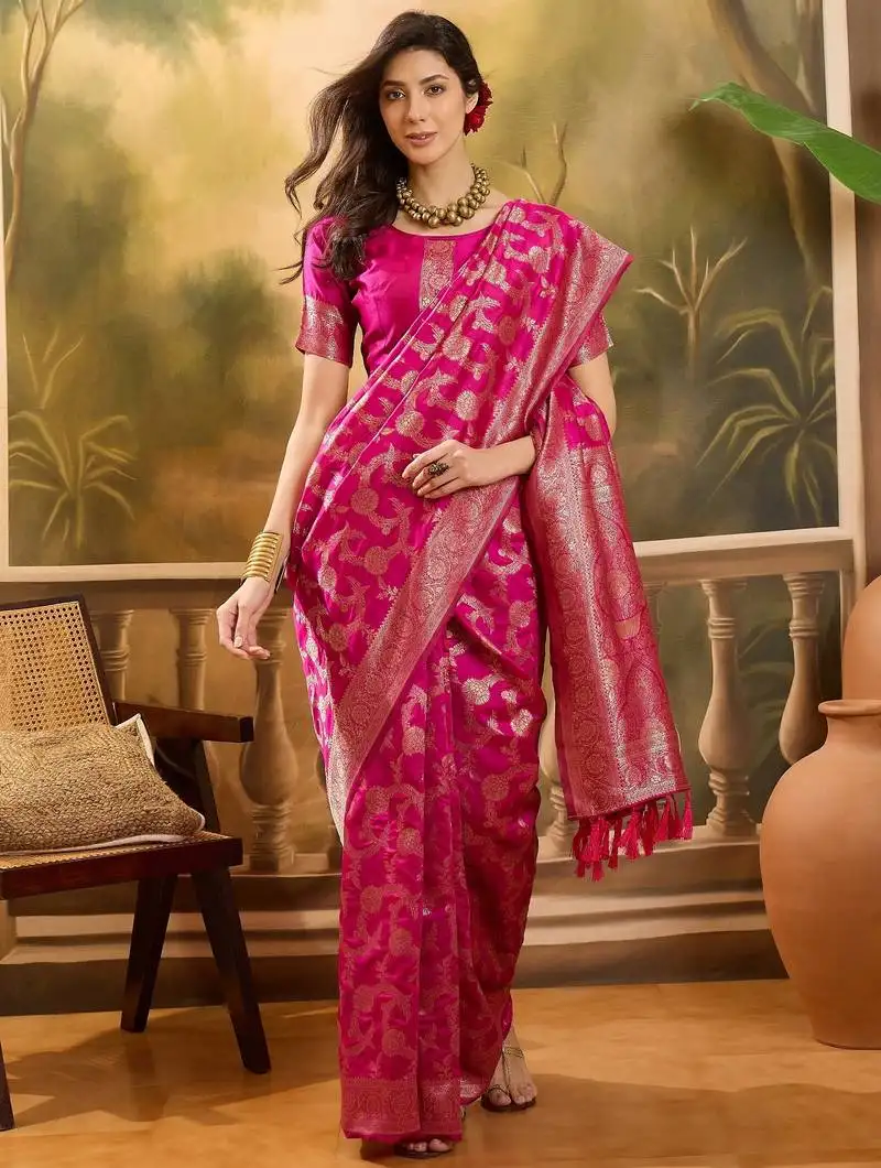 Hot pink banarasi jacquard saree with golden zari weaving & tassel pallu unstitched blouse
