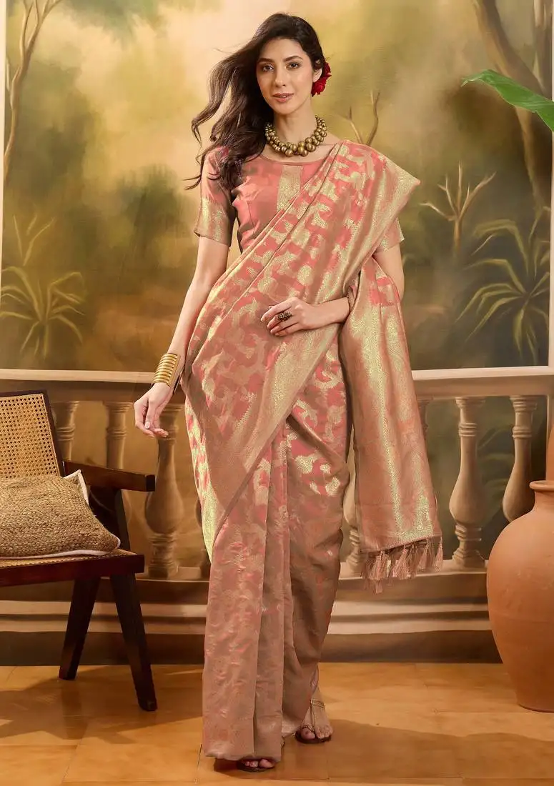 Peach banarasi jacquard saree with golden zari weaving & tassel pallu unstitched blouse