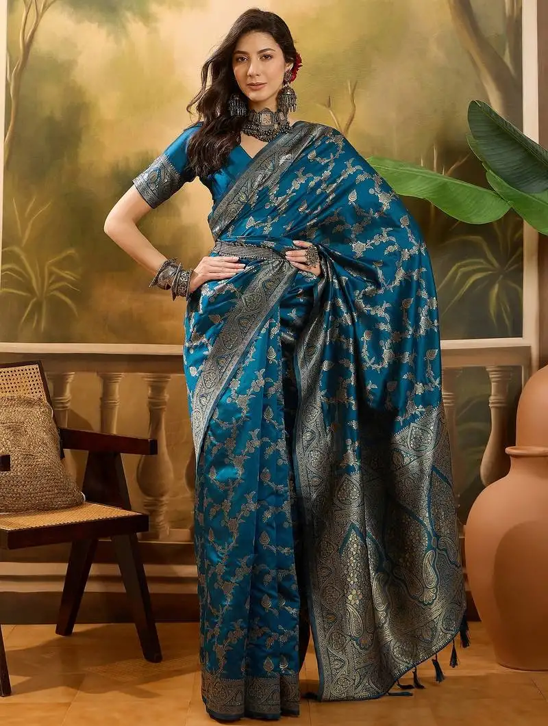 Blue banarasi jacquard saree with golden zari weaving & tassel pallu unstitched blouse