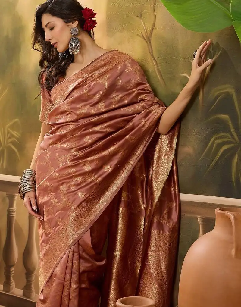 Copper rose banarasi jacquard saree with intricate zari weaving & tassel pallu unstitched blouse