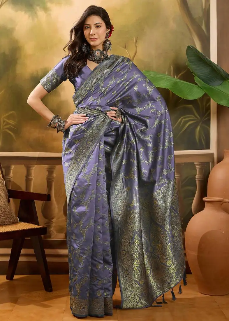 Lavender banarasi jacquard saree with elegant zari weaving & tassel pallu unstitched blouse