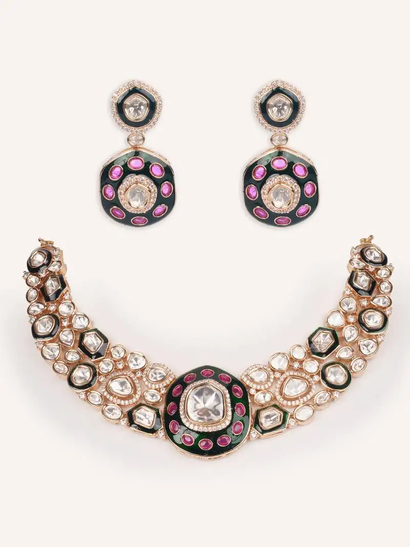 Gold plated multicolor stone kundan necklace set