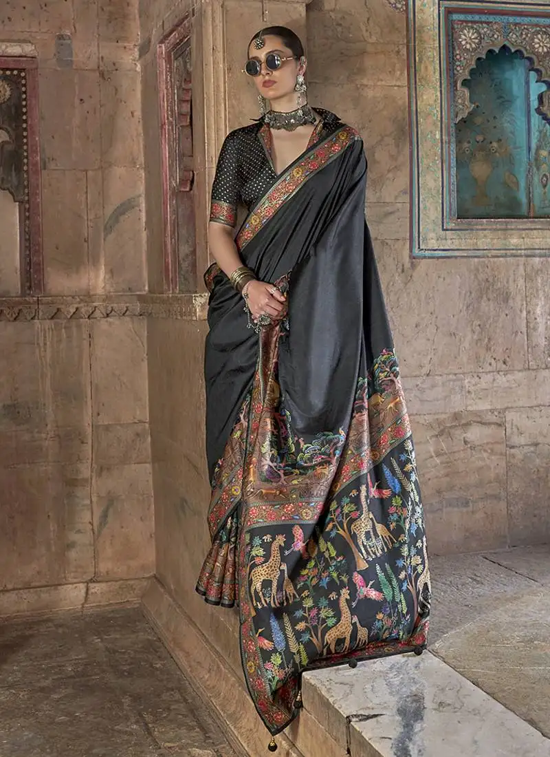 Black printed silk festival classic saree