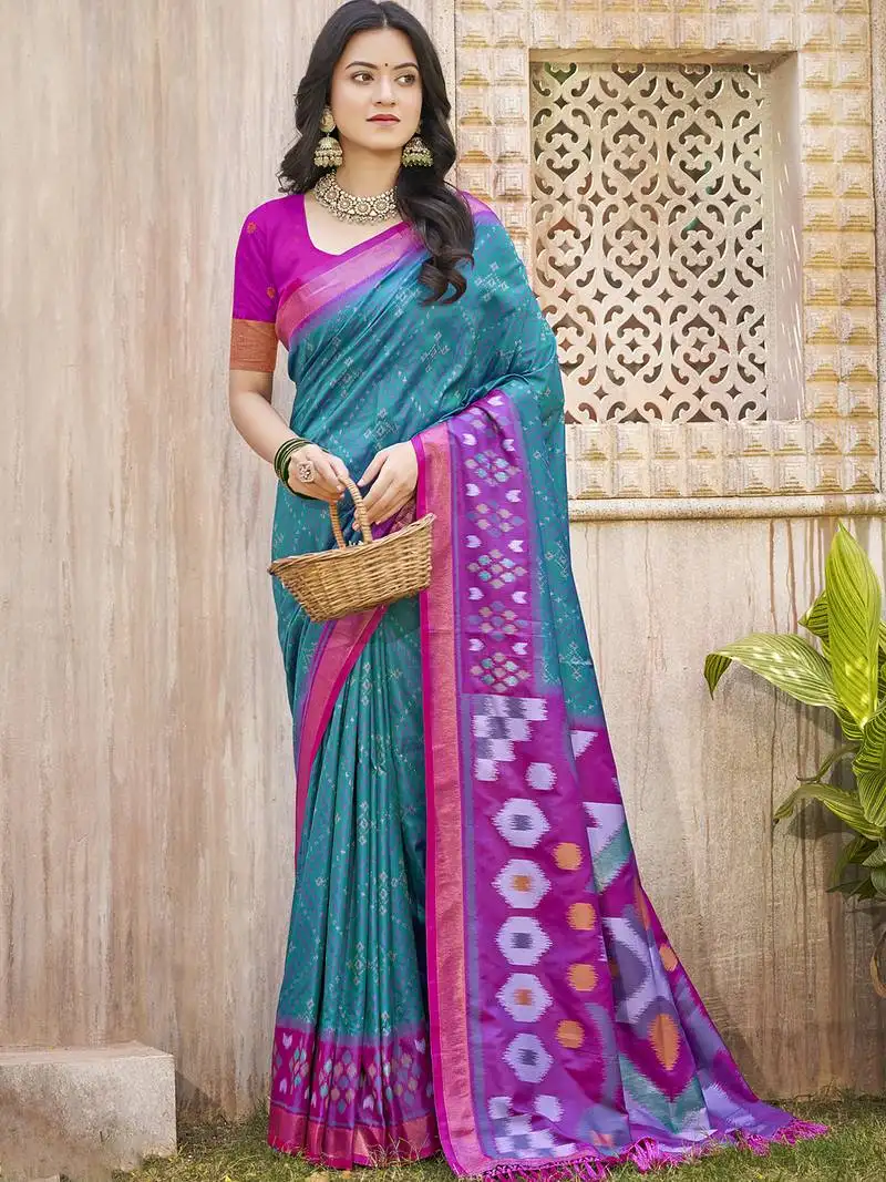 Teal green color pochampalli silk woven designer festive wear saree