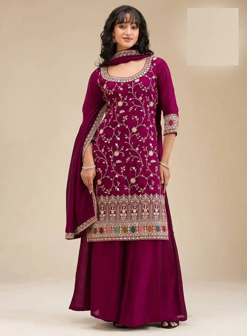 Maroon embroidered vichitra silk semi-stitched palazzo style salwar suit semi stitched