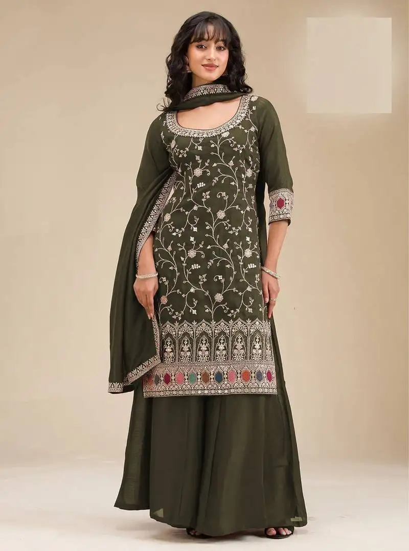 Green embroidered vichitra silk semi-stitched palazzo style salwar suit semi stitched
