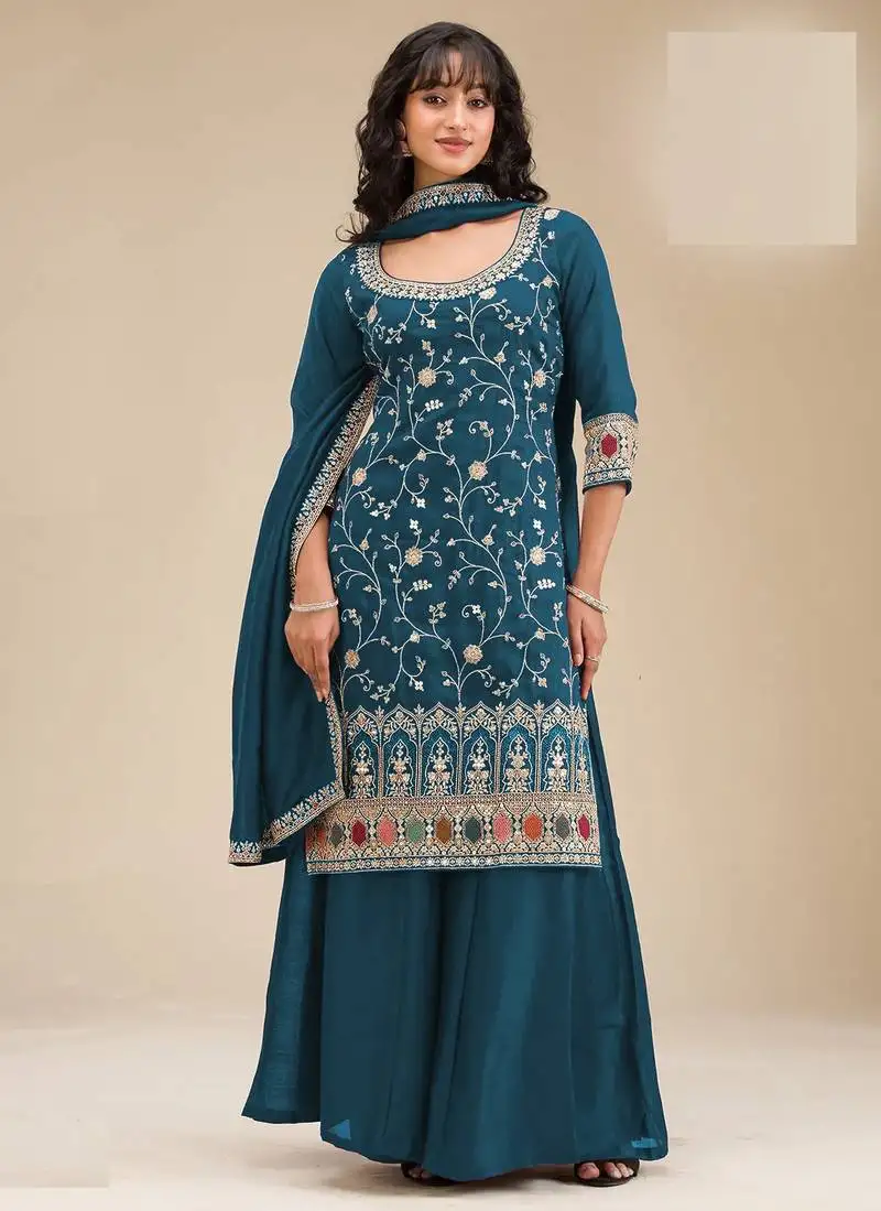 Blue embroidered vichitra silk semi-stitched palazzo style salwar suit semi stitched