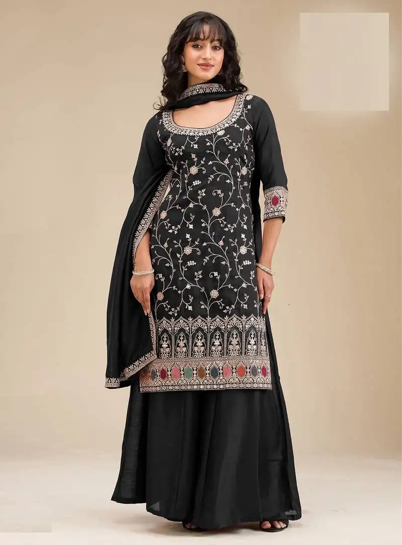 Black embroidered vichitra silk semi-stitched palazzo style salwar suit semi stitched