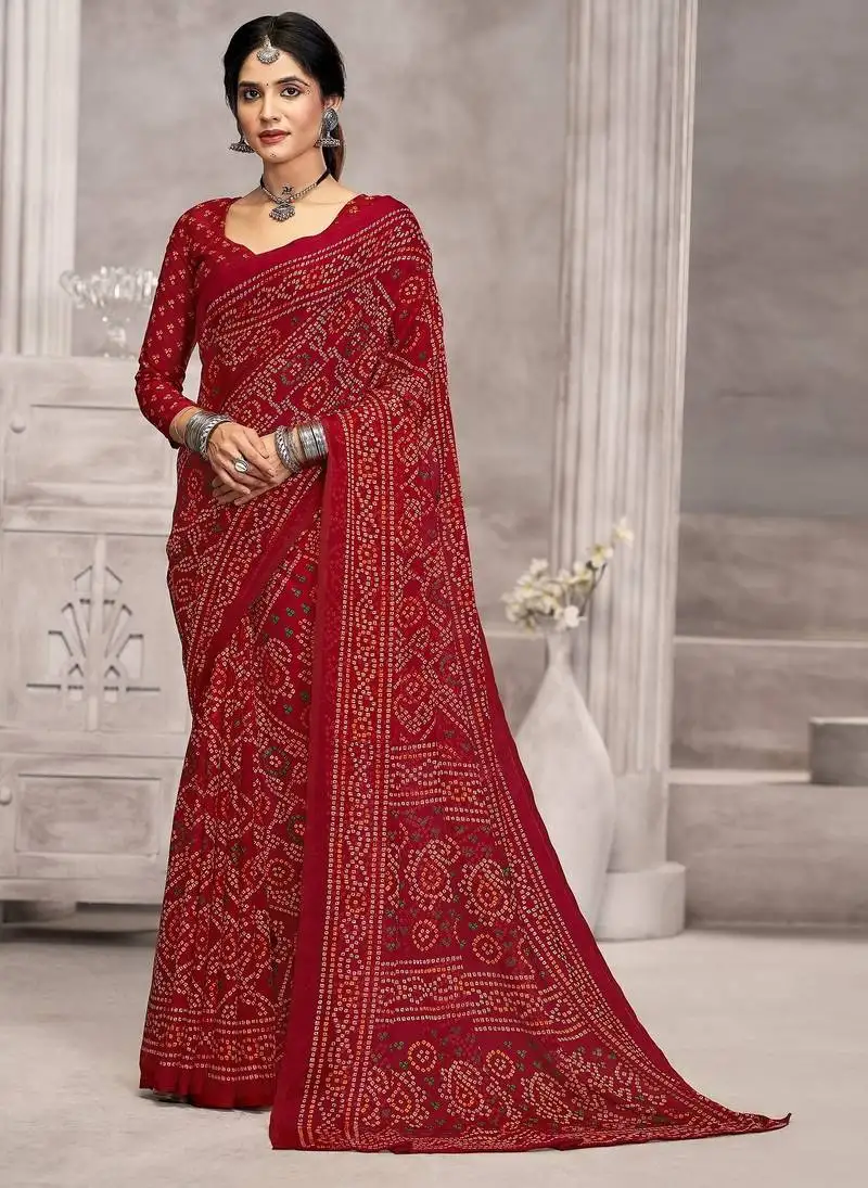 Maroon chiffon bandhani geometric printed saree with blouse