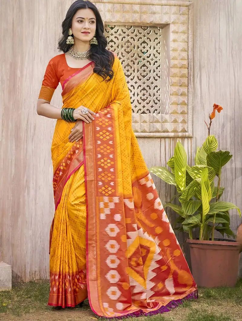 Yellow color pochampalli silk woven designer festive wear saree