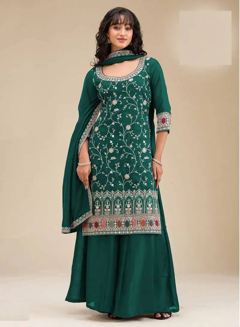 Dark green embroidered vichitra silk semi-stitched palazzo style salwar suit semi stitched