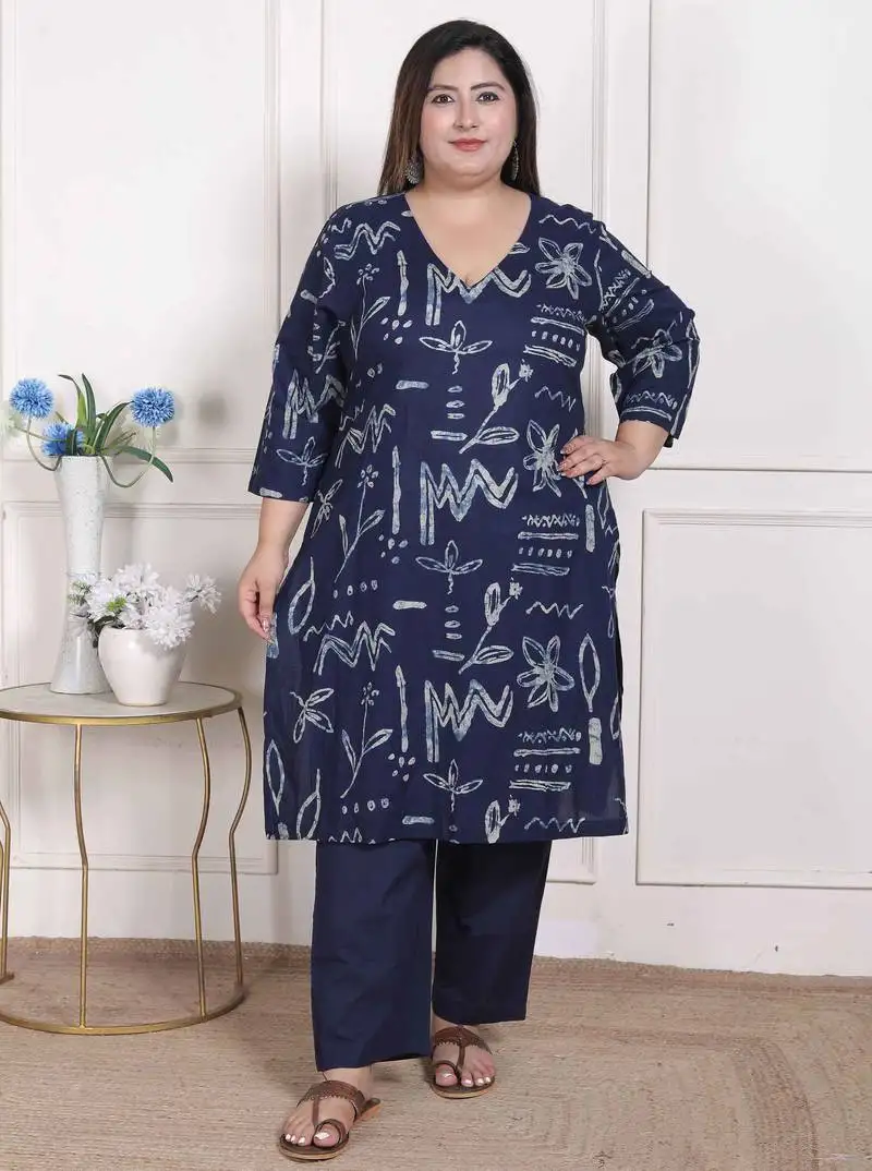 Miravan womens plus size abstract printed cotton kurta set stitched