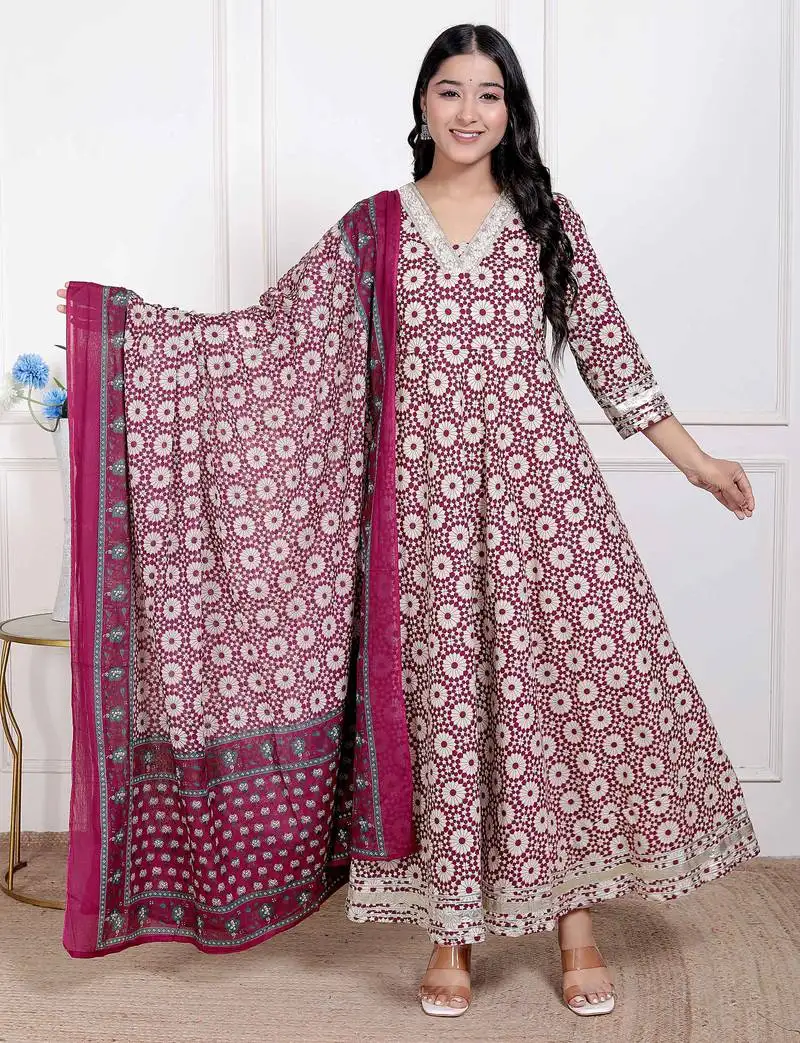 Miravan women's cream embroidered cotton anarkali kurta and dupatta