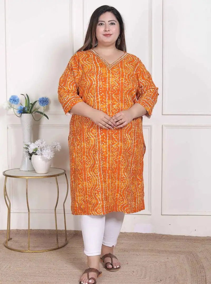 Miravan womens plus size yellow bandhani printed straight kurta