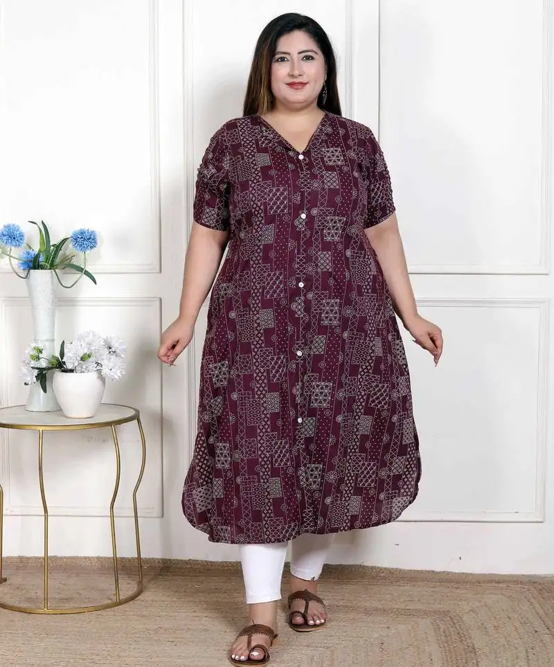 Miravan womens plus size wine mandarin neck floral printed a-line party wear kurta