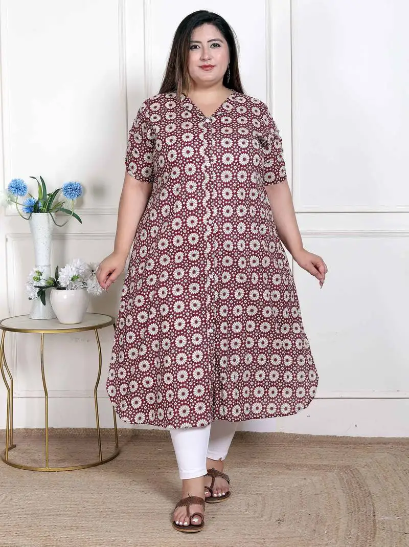 Miravan womens plus size cotton floral printed cream a-line kurta with buttons