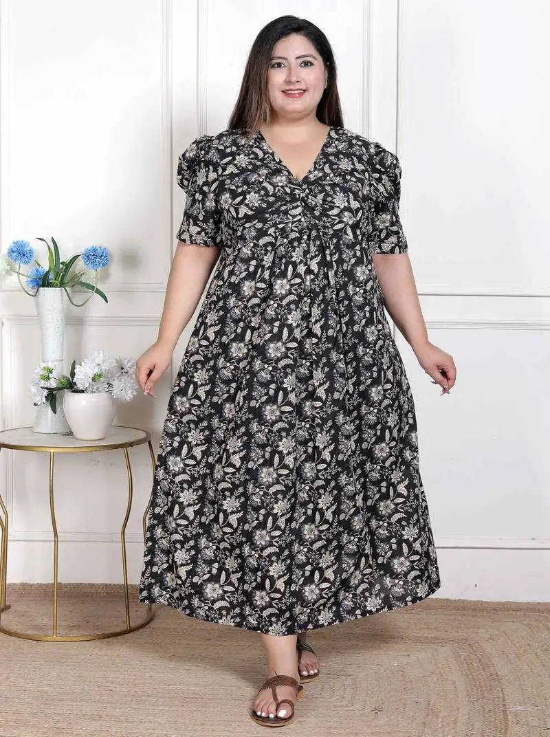 Miravan womens plus size pleated puff sleeve floral pure cotton black and white butterfly maxi dress