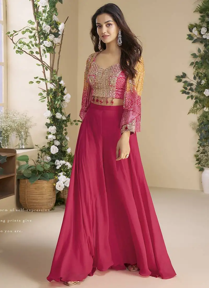 Pink chinon silk embroidered western palazzo suit stitched