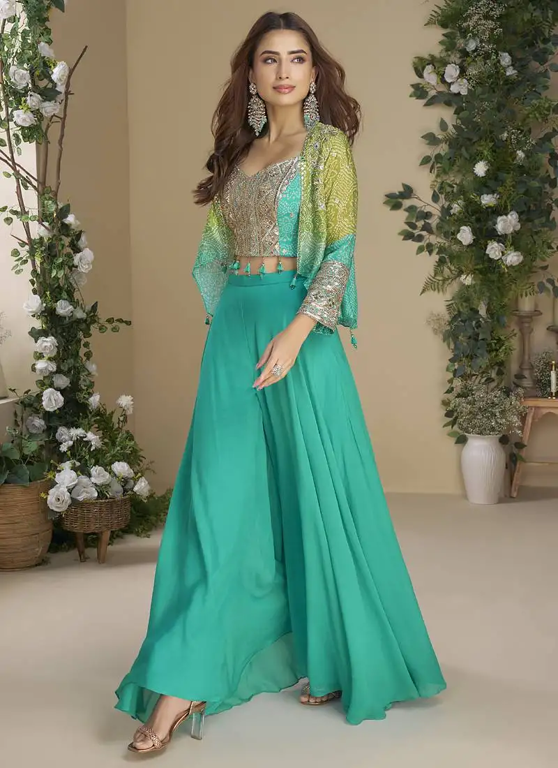 Turquoise chinon silk embroidered western palazzo suit stitched