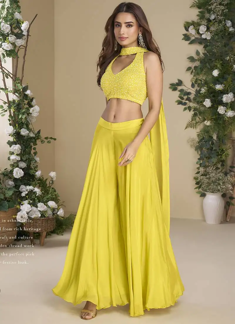Yellow chinon silk embroidered western palazzo suit stitched