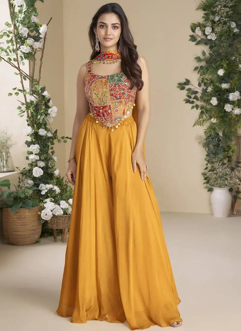 Mustard chinon silk embroidered western palazzo suit stitched