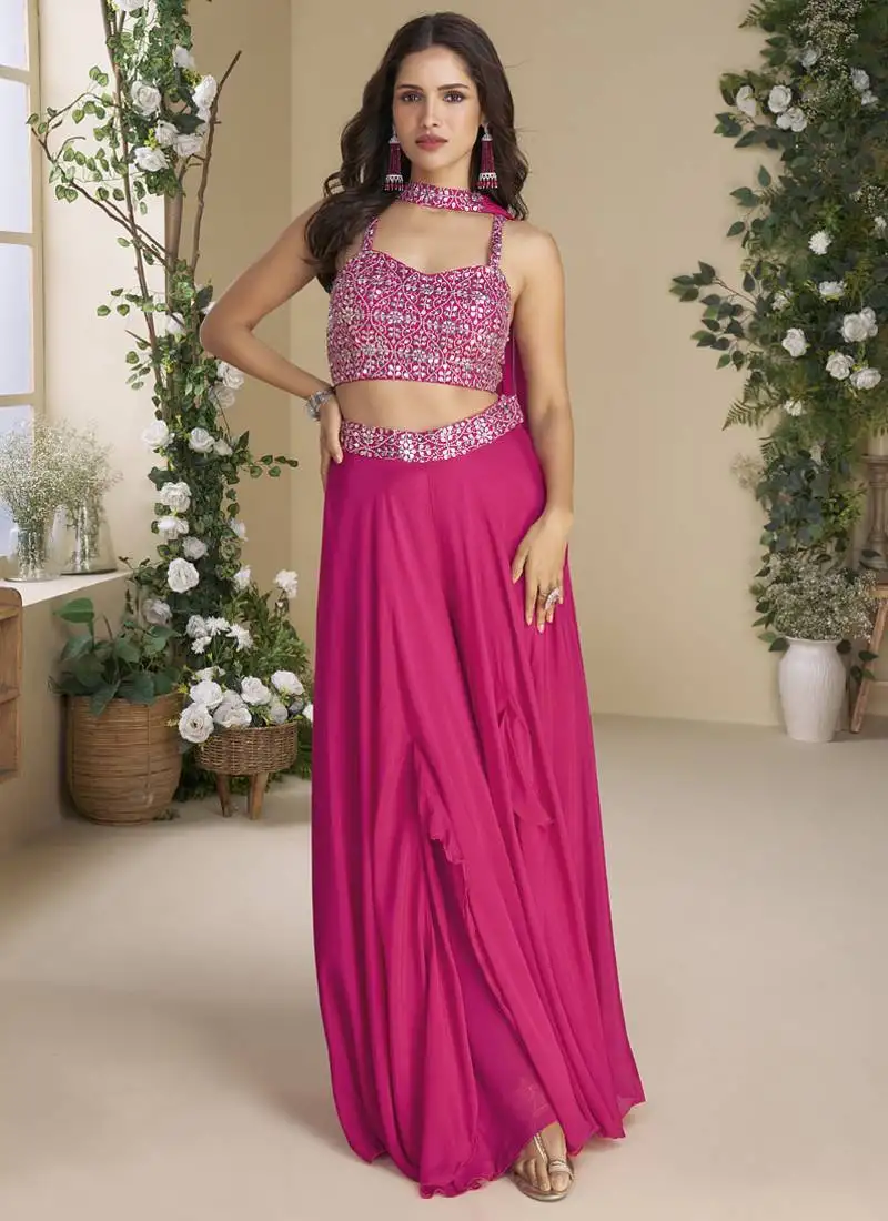 Rani pink chinon silk embroidered western palazzo suit stitched