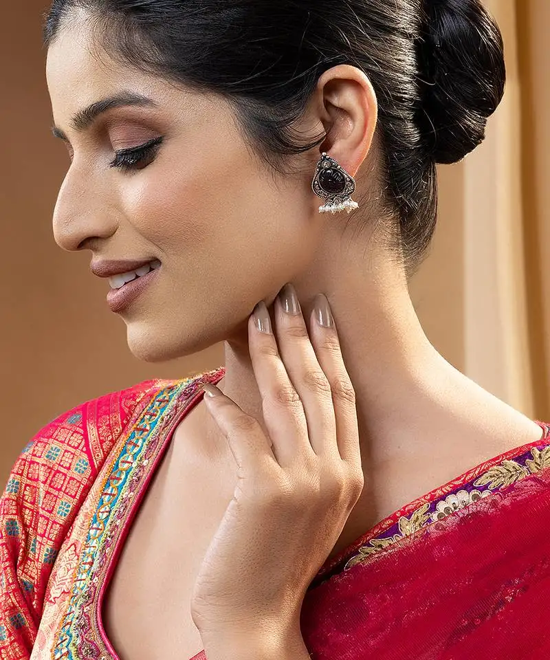 Carved gemstone antique silver earrings