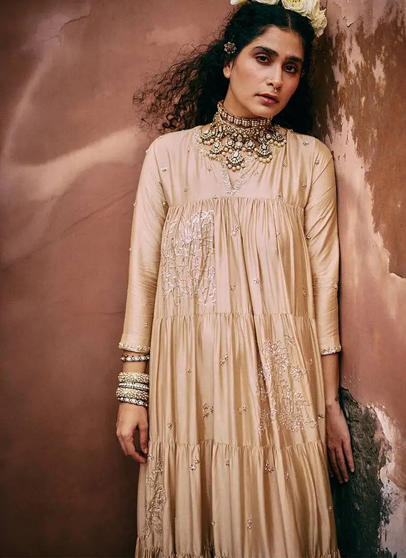 Beige embroidered modal silk anarkali