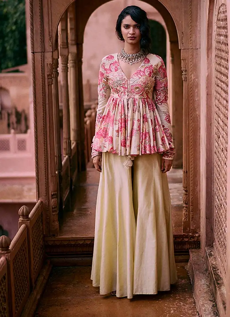 Pink printed silk kurta set