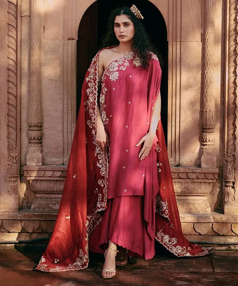 Rani-pink embroidered silk co ord sets